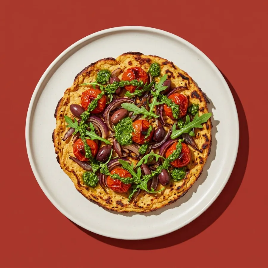 Socca with roast tomatoes and pesto